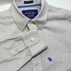 Abercrombie Fitch Shirt Mens Small White Stripe Button Muscle Y2K Moose Preppy